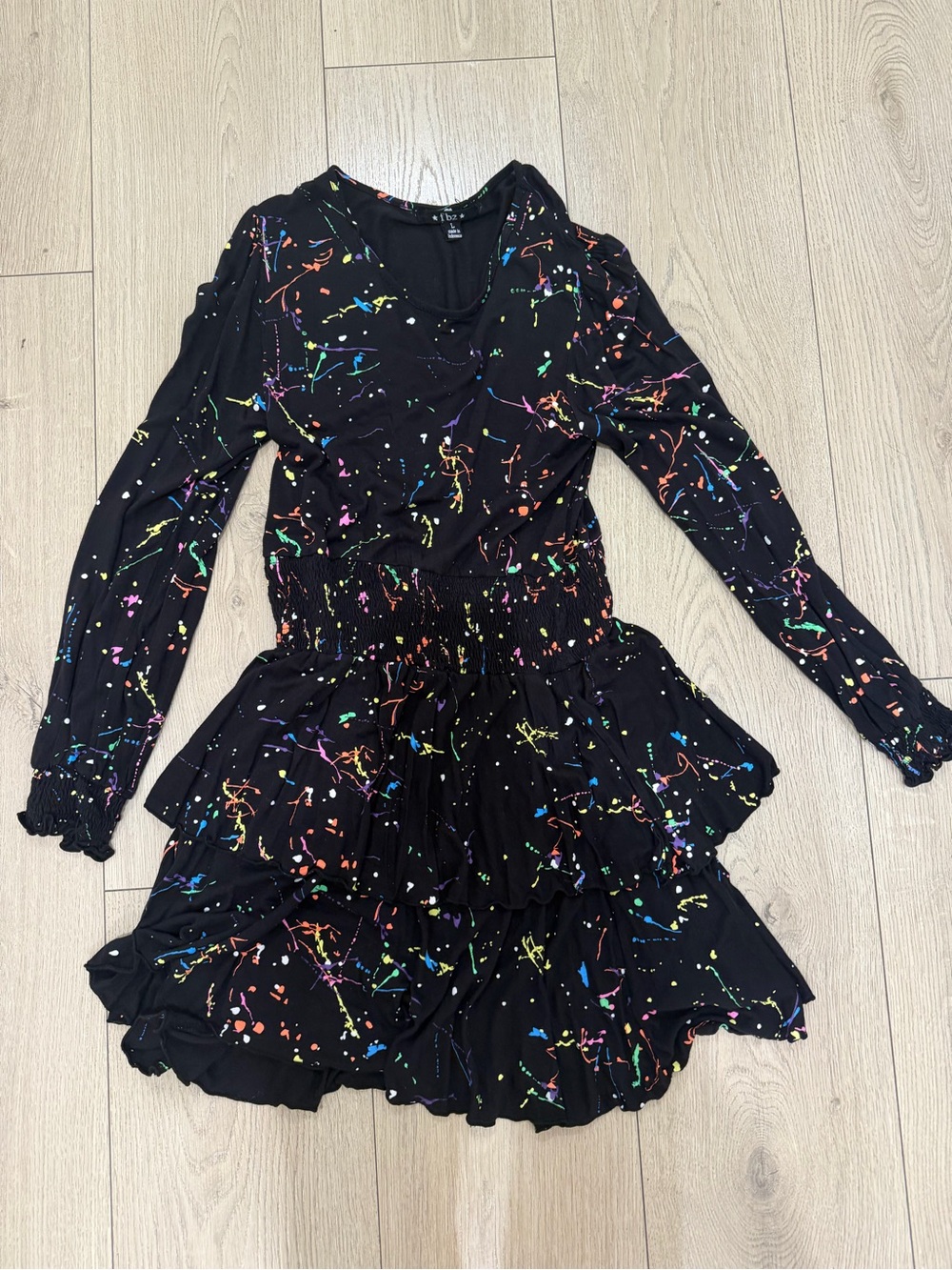 Flowers by Zoe Kids Black Long-Sleeve Tiered Dress with Multicolor Paint Splatte